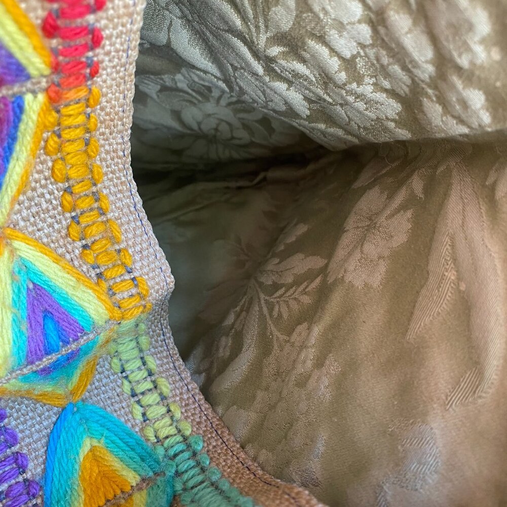 Vintage Handcrafted Burlap Tote Bag | Yarn Embroidered Rainbow - Picture 9 of 10